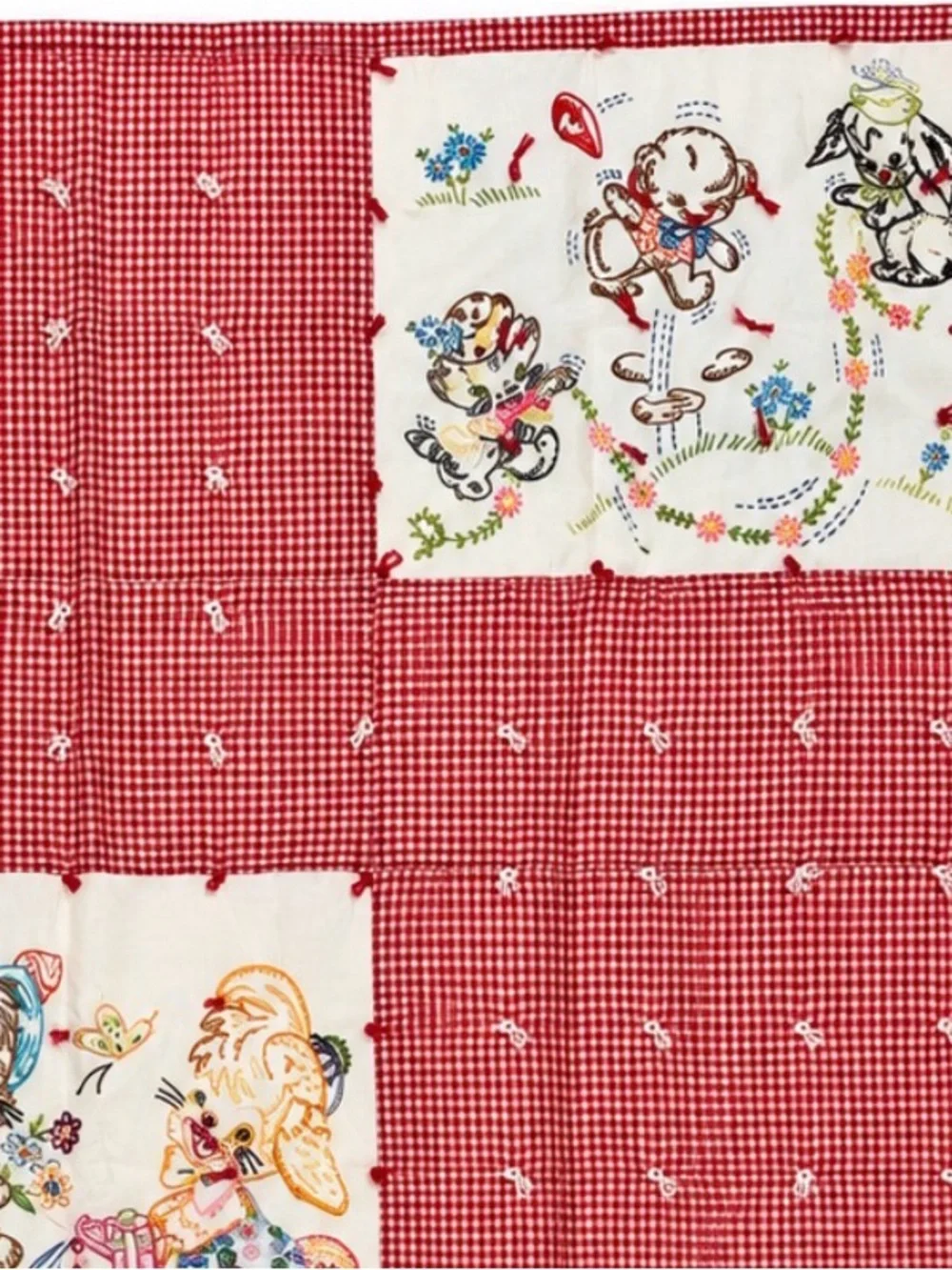 Vintage Handmade Red Patchwork Quilt with Whimsical Embroidered Panels